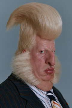people of ai, yearbook photo of a person with towering blond pompadour with long white mutton chops, stern pout, black pinstripe suit with white shirt and dark tie, photorealistic.png