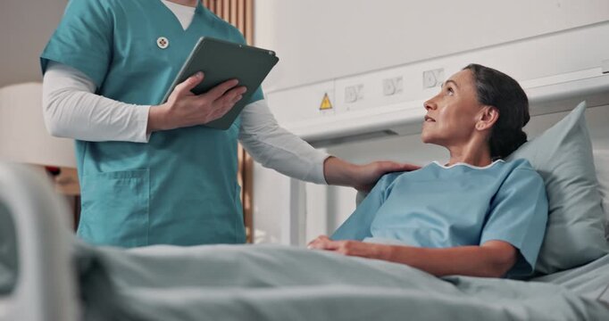 Health, woman and nurse with tablet at hospital bed for test results, ward round or surgery concern. Mature patient, worker and talk with tech in clinic for medical complication, care plan or support