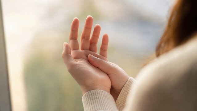 Female hand with numbness, woman touching palm near window in soft daylight