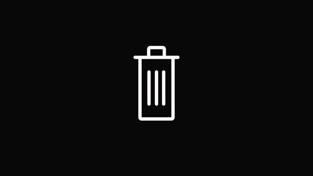A minimalist white outline of a trash can with an open lid and vertical lines inside against a stark black background representing deletion or removal.