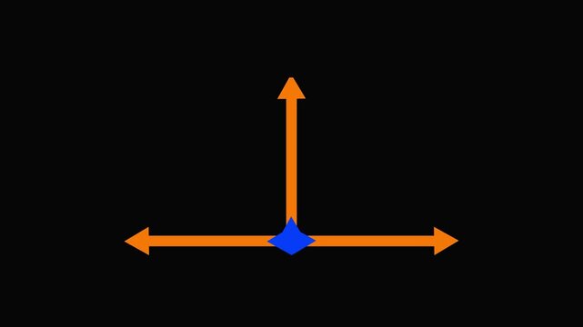 Bright orange three dimensional axis arrows pointing upwards and horizontally against a solid black background symbolizing direction measurement and spatial.