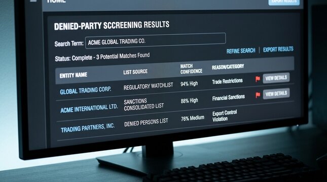 Computer screen displaying a denied-party list search results page &ndash; Trade Finance and Customs Compliance Documentation Stock Photo