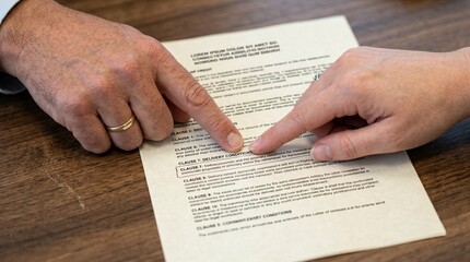 Obraz premium Two hands pointing to the same clause within a shared letter of credit document – Trade Finance and Customs Compliance Documentation Stock Photo