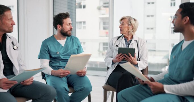 Nurse, meeting and doctors in office with tablet, patient charts and planning for treatment. People, team and talking in hospital with paperwork, medical records and case study for healthcare service