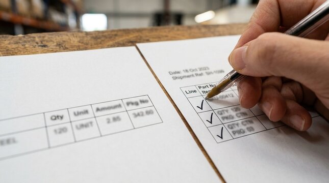 Commercial invoice line item being checked off against a matching packing list entry &ndash; Trade Finance and Customs Compliance Documentation Stock Photo
