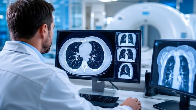 Radiologist Examining Chest Ct Scans on Dual Monitors in Radiology Department