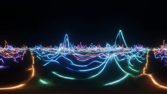 Colorful neon sound waves glowing on black background