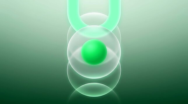 Abstract 3d render of a glowing green sphere inside translucent glass orbs with a ushaped neon element