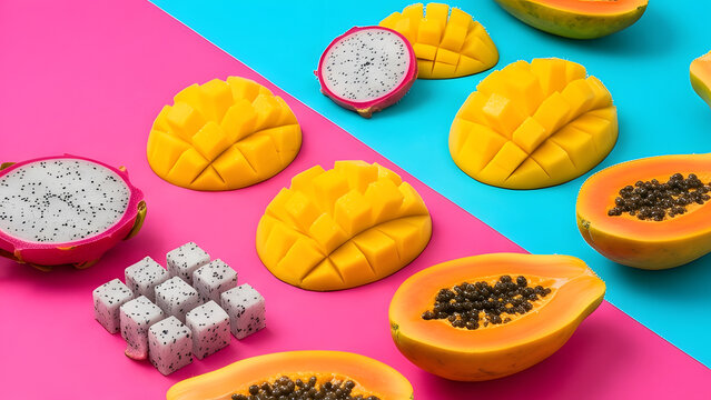 Isometric composition of fresh tropical fruits papaya mango and pitaya on split blue and pink background