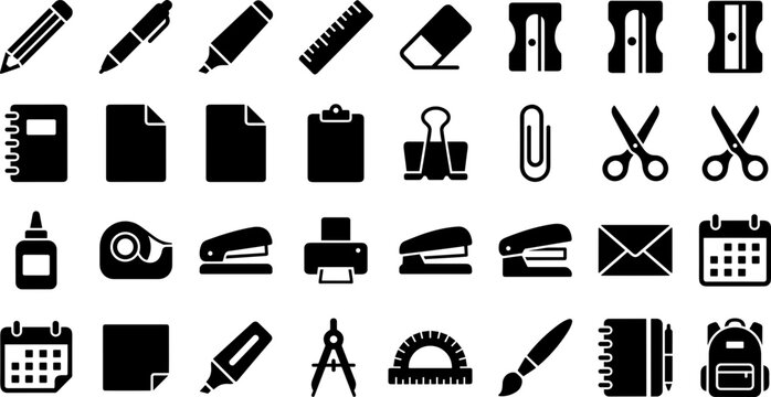 Set of office and school stationery icon collection.