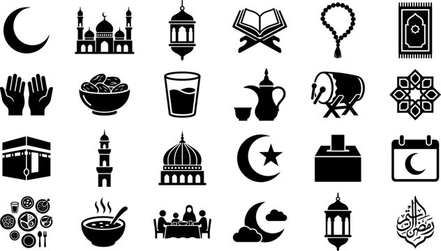 Set of Islamic and Ramadan festival celebration black icons.