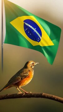 Sabi&aacute;-laranjeira bird perched on a branch with the national flag of Brazil in the background representing patriotism, nature and national symbols