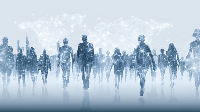 Future workforce migration, glowing global network connecting major cities, abstract business silhouettes,