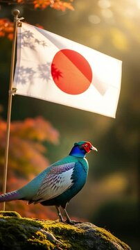 Japanese green pheasant perched on mossy rock beneath the national flag of Japan with autumn foliage concept of national symbols and nature