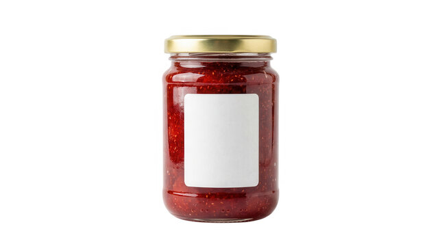 Glass jar filled with red berry jam and a blank label isolated on a white background