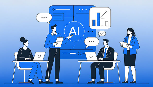Business team collaborating with AI technology in modern office. Professionals using artificial intelligence for data analysis and innovation solut...