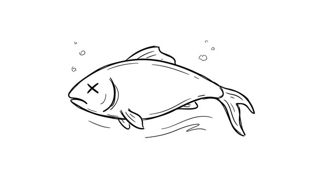 Minimalist black and white illustration of a dead fish