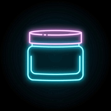 Neon cosmetic cream jar icon, glowing cyan and pink outline vector illustration on dark background. Minimal skincare packaging symbol for UI and signage