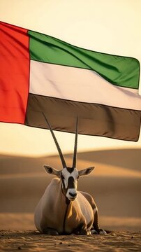 Arabian Oryx Resting in Desert with UAE Flag Symbolizing National Pride and Heritage