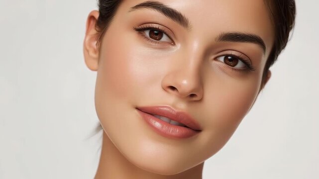 Natural radiant woman portrait close up face female brown eyes beauty with smooth skin soft smile