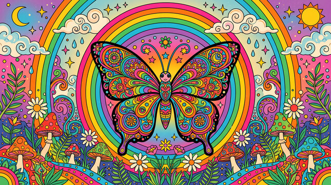 Psychedelic butterfly illustration with vibrant rainbow colors and whimsical celestial elements in a trippy artistic style