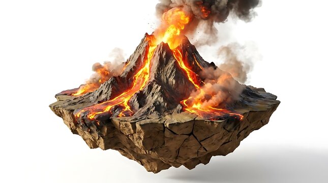 Volcanic eruption on floating rock island isolated on white.
