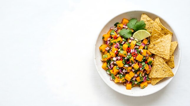 Fresh mango salsa with crispy tortilla chips in a white bowl