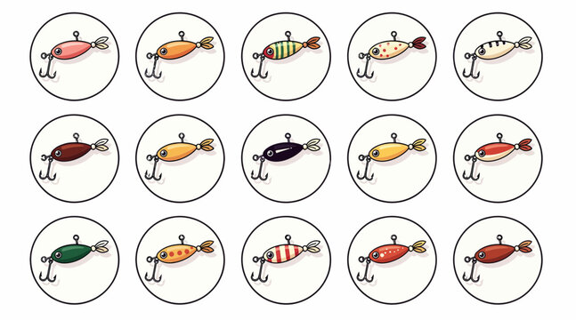 Colorful Fishing Lures Collection Inside Circles - Stock Photography