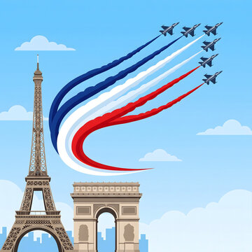 Bastille Day French Flag, Jet Air Show Formation, Eiffel Tower And Arc De Triomphe, Patriotic Travel Vector Illustration