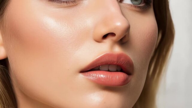 Glossy lips close up portrait with smooth skin soft natural mouth lip dewy close up