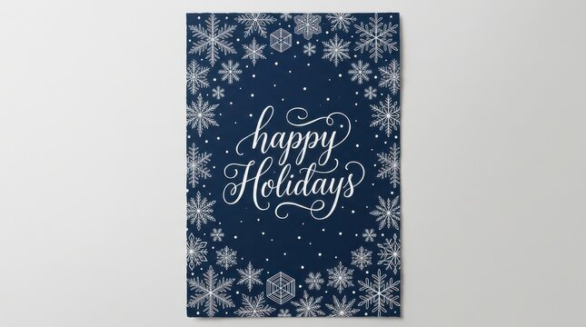 Happy holidays greeting card with white snowflakes border on dark blue background