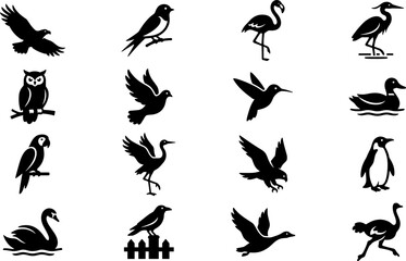 Obraz premium Collection of various bird species silhouettes icons set.