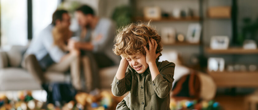 Child Covering Ears During Family Conflict &ndash; AI Generative &ndash; No Real Person