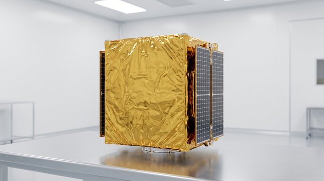 Space Technology Concept, Gold Foil Wrapped Cubesat Small Satellite in a Clean Room