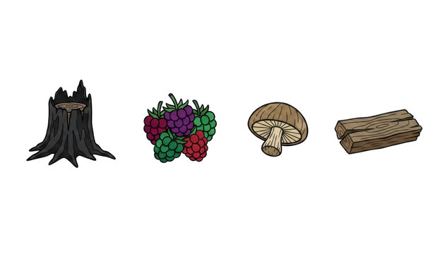 Set of Forest Elements Including Tree Stump Berries Mushroom Wood