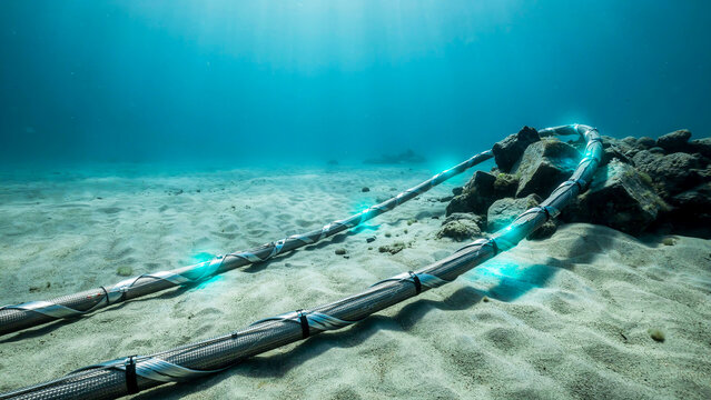 Submarine fiber optic cables resting on the ocean floor transmitting global data communication