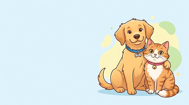 Happy cartoon dog and cat friends on blue background with copy space