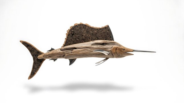 Swordfish sculpture made from driftwood and wood.