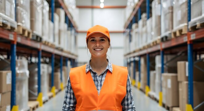 Smiling female warehouse worker in safety vest inside distribution center