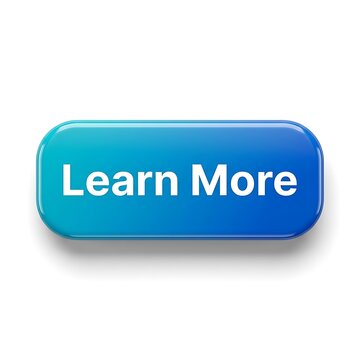 Learn more button isolated on white. Blue glossy web call to action icon.