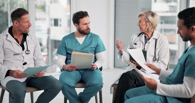 Nurse, meeting and doctors in office with document, patient charts and planning for treatment. People, team and tech in workplace with paperwork, medical records and case study for healthcare service