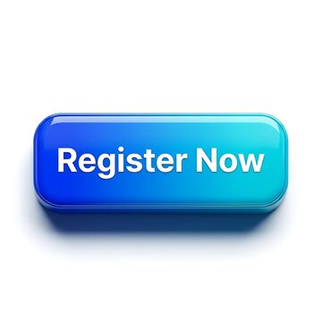 Register now blue button UI element. Glossy web call to action sign isolated.