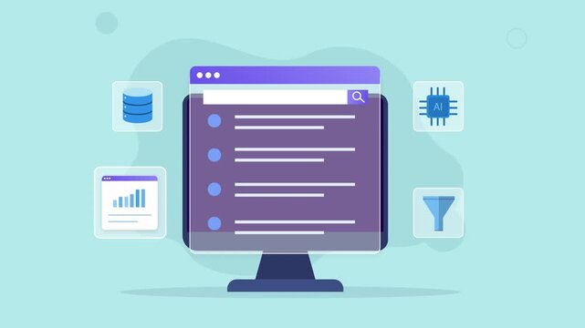Flat vector animated desktop monitor displaying a data analytics dashboard with database, processor, performance chart, and filter interface. Ideal for business intelligence, productivity, and technol