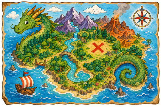 Colorful storybook treasure map with friendly dragon and volcano