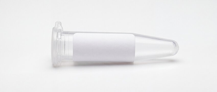 Single plastic microcentrifuge tube with white labeling surface for sample identification and laboratory data management on neutral background for science study.