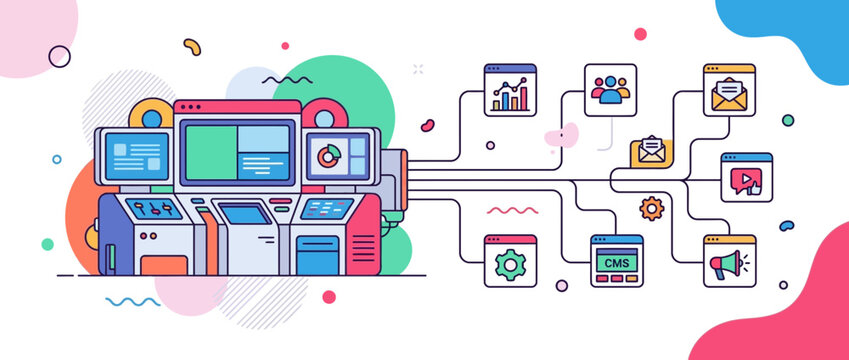 AI Digital Marketing Machine and Document Processing Automation with Data Analytics Workflow Vector