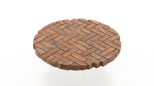 Circular red brick paving stone in herringbone pattern.