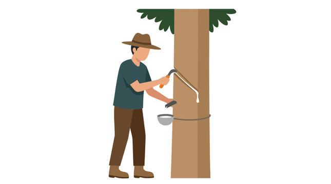 Rubber tapper works in a plantation to collect natural latex from a tree using a specialized tapping knife and a collection cup.