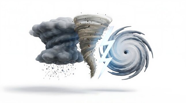 Three storm icons showing hurricane, tornado, and cyclone vortex.