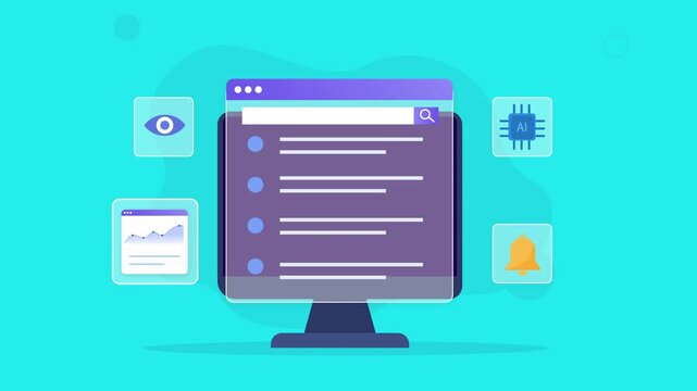 Flat vector animated desktop monitor displaying an AI monitoring dashboard with analytics, processor, notifications, and intelligent workflow interface. Ideal for business, productivity, and technolog